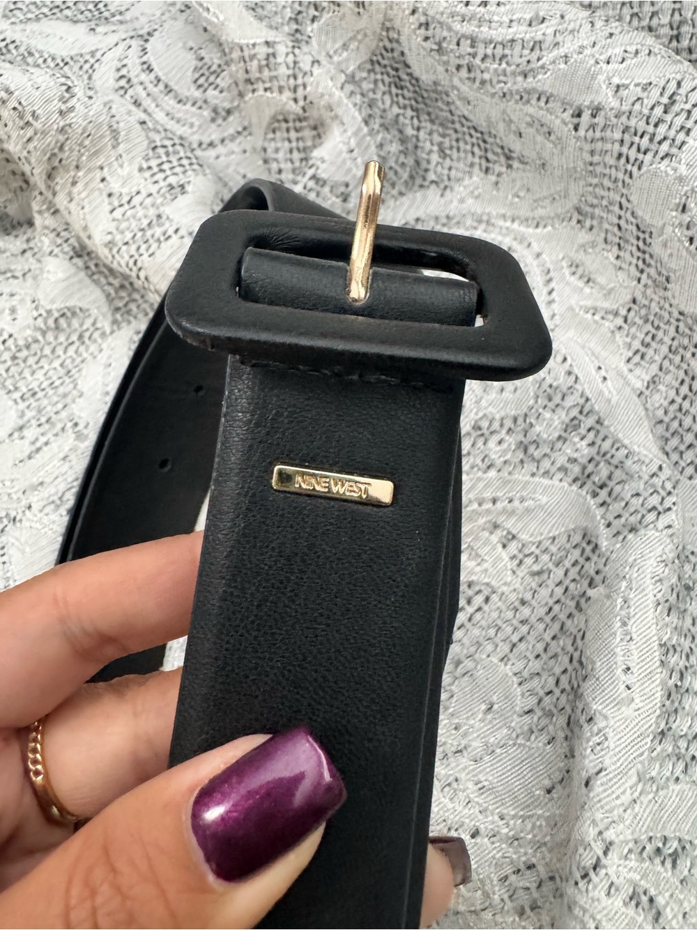 Nine West Black Leather Belt with Gold-Tone Buckle
